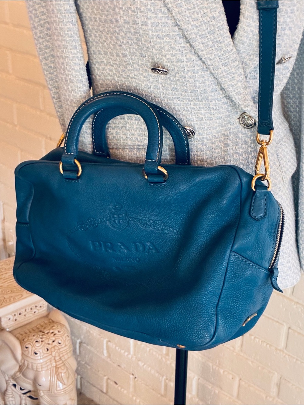 PRADA Vitello Daino Bauletto Satchel Crossbody Bag Blue Very Chic EUC